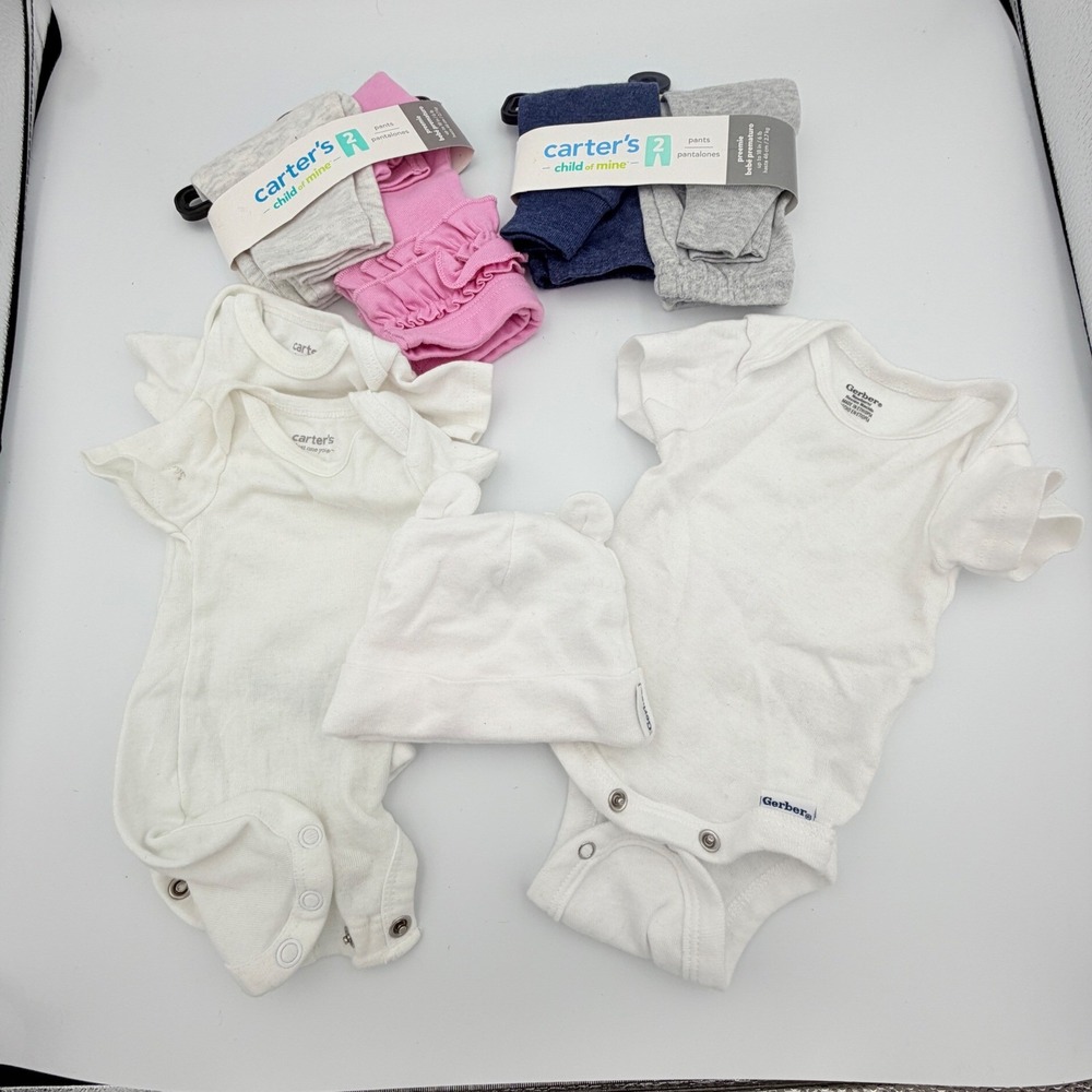 Carters Gerber Baby Clothes Bundle Preemie Newborn Pants Bodysuits Hat 8pc Set